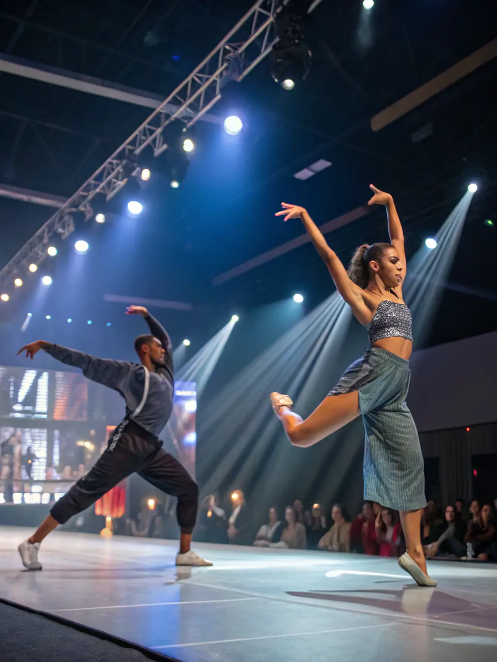 A dynamic photograph capturing dancers in motion during a contemporary dance performance, highlighting the fluidity and expressiveness of their movements.